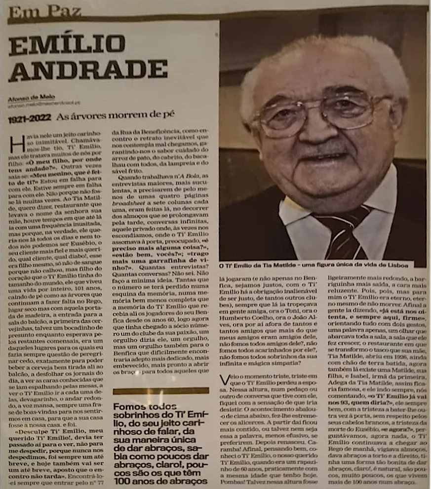 Em memória de Emílio Andrade (1921–2023), fundador da Adega Tia Matilde.
